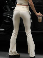womens y2k aesthetic fold over low rise flare yoga pants beige off white