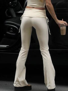 womens y2k aesthetic fold over low rise flare yoga pants beige off white