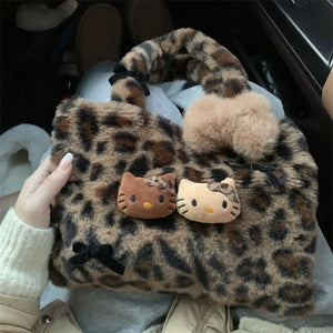 womens y2k aesthetic gyaru fashion cheetah print leopard brown hello kitty purse handbag