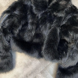 womens y2k aesthetic gyaru fashion cropped faux fur jacket black