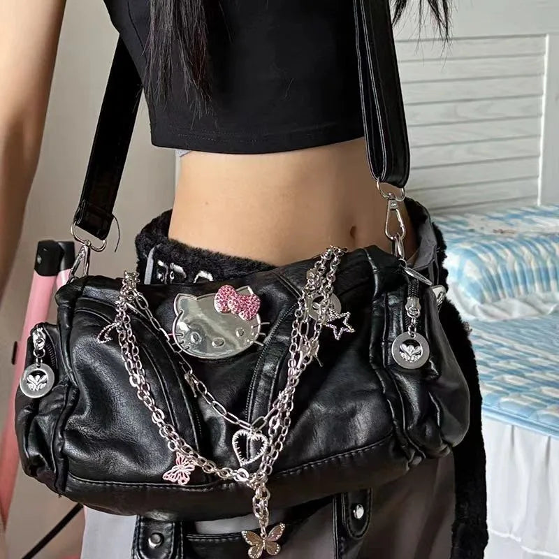 Womens Y2K Gyaru Gothic Black Messenger Bag Hello Kitty Purse – The Kawaii Factory Womens Y2K Gyaru Gothic Black Messenger Bag Hello Kitty Purse – The Kawaii Factory