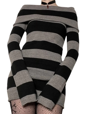 womens y2k aesthetic knitted striped mini dress black gray