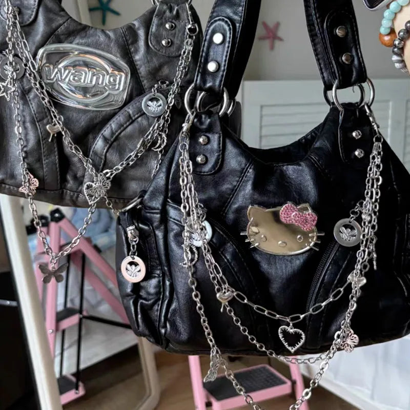 gothic hello kitty backpack Womens Y2K Gyaru Gothic Black Messenger Bag Hello Kitty Purse – The Kawaii Factory