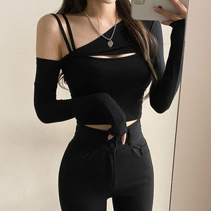 Korean Fashion Sexy Cropped Off Shoulder Tank Top and Shrug Set (Black)