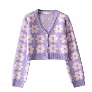 Harajuku Kawaii Fashion Y2K Floral Purple Cropped Cardigan