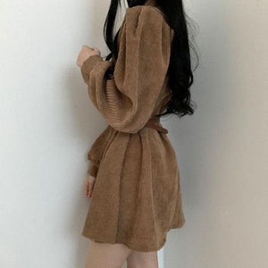 Harajuku Korean Fashion Corduroy Mini Dress with Belt (Brown)