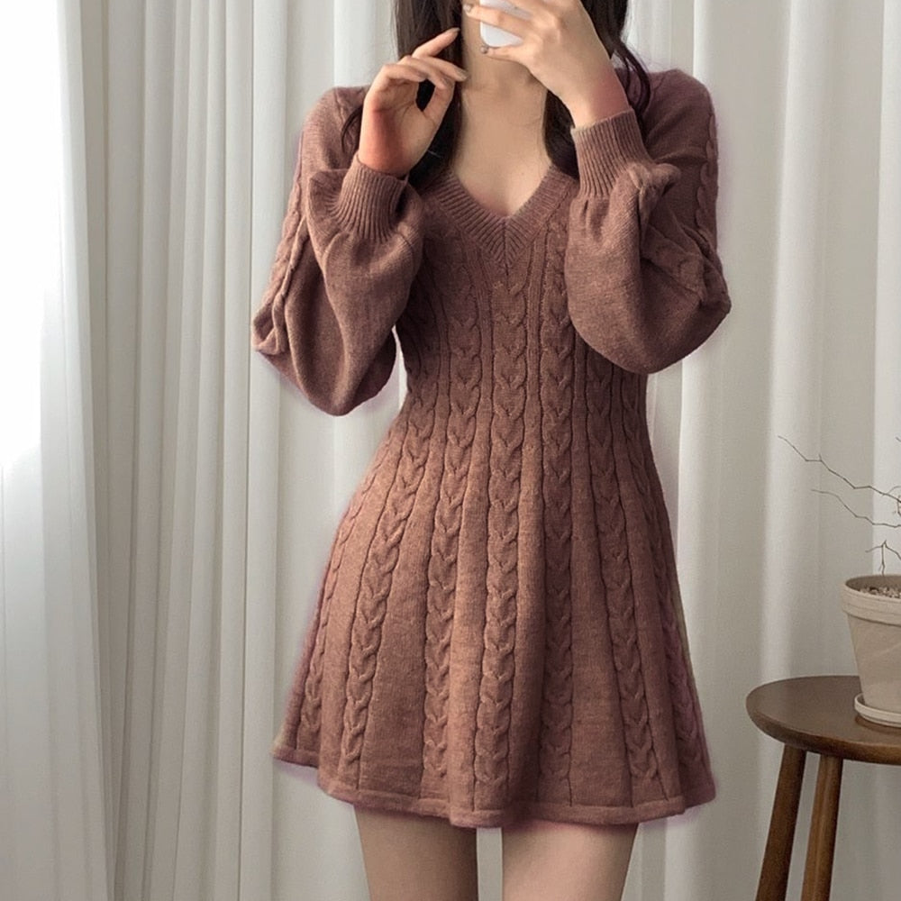 Harajuku Korean Fashion V Neck Long Sleeve Cable Knit Mini Dress (Blac β The Kawaii Factory