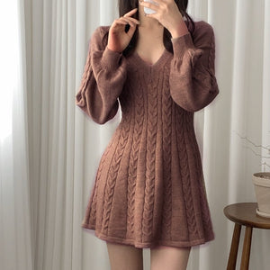 Harajuku Korean Fashion V Neck Long Sleeve Cable Knit Mini Dress (Blac The Kawaii Factory Harajuku Korean Fashion V Neck Long Sleeve Cable Knit Mini Dress (Blac The Kawaii Factory