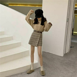 Harajuku Korean Fashion Light Academia Aesthetic Tweed Wrap Skirt with Belt (Brown/Black)