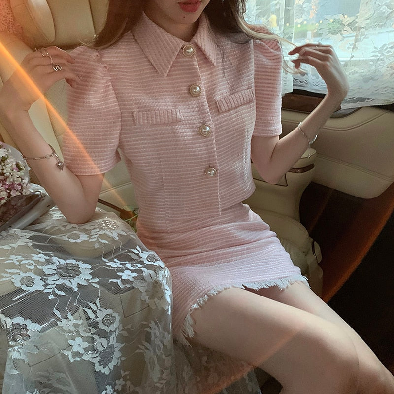 Harajuku Kawaii Fashion Korean Wonyoung Baby Pink Tweed Skirt Suit