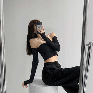 Korean Fashion Sexy Off Shoulder Tube Top Bodysuit with Sleeves (Black/White/Gray)