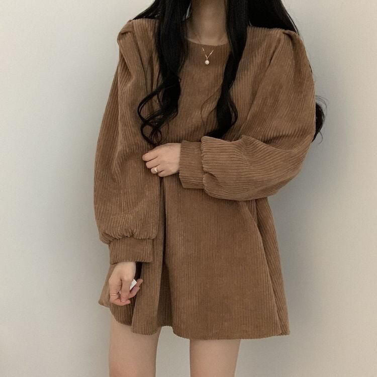 Harajuku Korean Fashion Corduroy Mini Dress with Belt (Brown) – The Kawaii Factory
