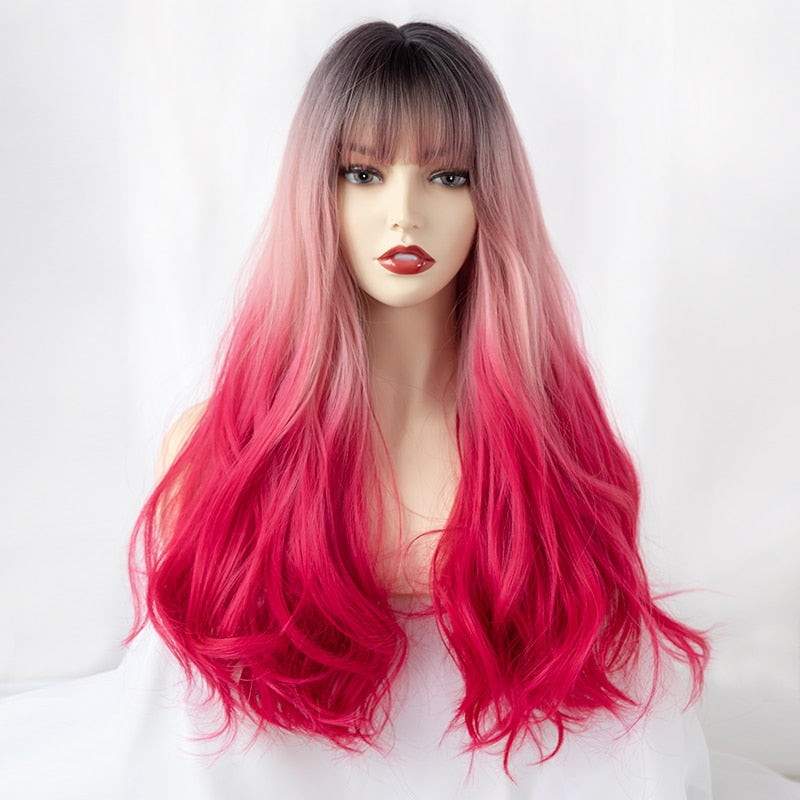 Korean Style Kpop Idol Wig Cosplay Synthetic Wig Brown Pink Red Ombre Wavy Long Wig