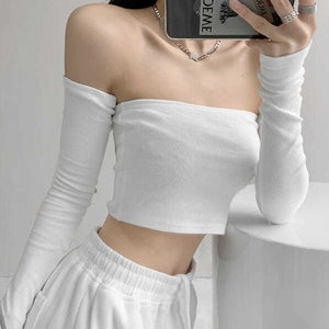 Korean Fashion Sexy Off Shoulder Tube Top Bodysuit with Sleeves (Black/White/Gray)
