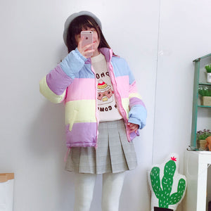 womens multicolor pastel puffer jacket hawajuku kawaii fashion