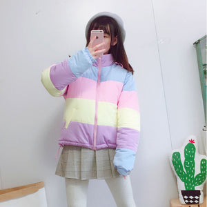 Kawaii Aesthetic Cute 90s Y2K Pastel Rainbow Colorblocking Cropped Down Jacket