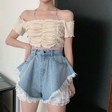 womens aesthetic clothes jean shorts with lace trim
