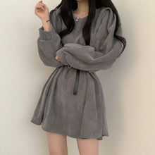 Harajuku Korean Fashion Corduroy Mini Dress with Belt (Gray)