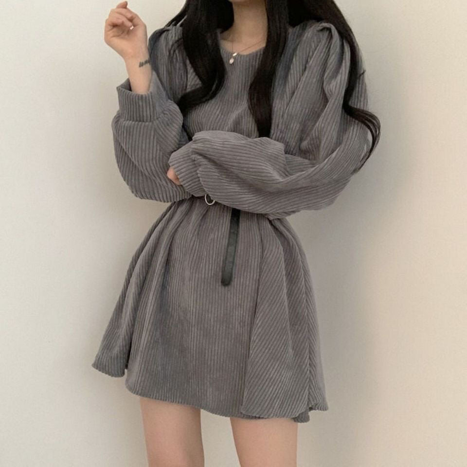 Harajuku Korean Fashion Corduroy Mini Dress with Belt (Gray) The Kawaii Factory Harajuku Korean Fashion Corduroy Mini Dress with Belt (Gray) The Kawaii Factory