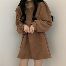 Harajuku Korean Fashion Corduroy Mini Dress with Belt (Brown)