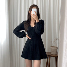 Harajuku Korean Fashion V Neck Long Sleeve Cable Knit Mini Dress (Black/Brown/Blush/Beige)