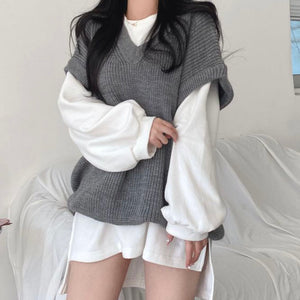 Korean Fashion Loose Knitted Cardigan - One size fits all, Dark Gray