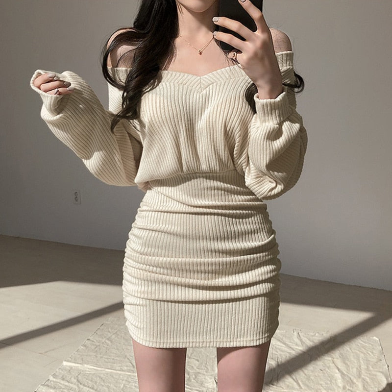 Harajuku Korean Fashion Cinched Waist Long Sleeve Rib Knit Mini Dress The Kawaii Factory Harajuku Korean Fashion Cinched Waist Long Sleeve Rib Knit Mini Dress The Kawaii Factory