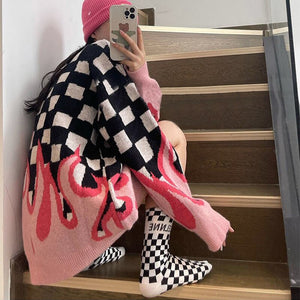 Harajuku Korean Fashion Checkered Flame Sweater (Pink)