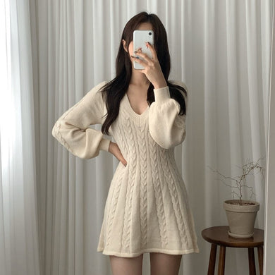 Harajuku Korean Fashion V Neck Long Sleeve Cable Knit Mini Dress (Black/Brown/Blush/Beige)