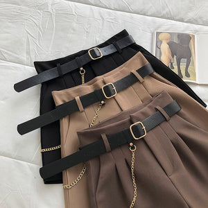Korean Fashion Dark Academia Aesthetic Shorts with Belt and Chain (Brown/Beige/Black)