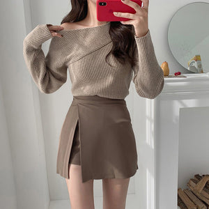 Harajuku Korean Style Neutral Color Side Slit Mini Skort (Brown/Beige/Black)