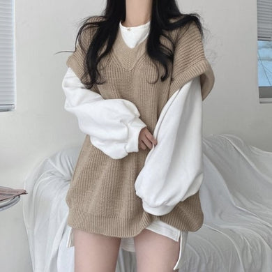Harajuku Korean Fashion Oversized Knit Vest and White Crewneck Set (Brown/Black)