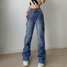 Harajuku Korean Fashion Y2K High Waist Acid Wash Blue Denim Cargo Pants Wide Jeans