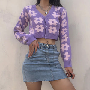 Harajuku Kawaii Fashion Y2K Floral Purple Cropped Cardigan