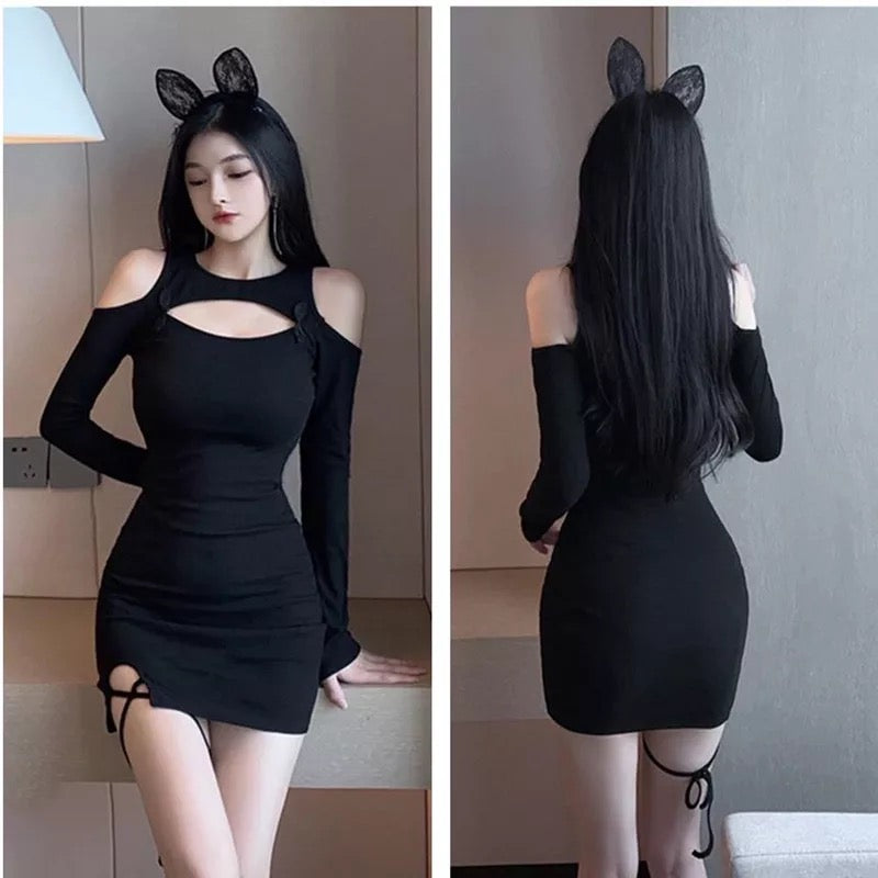 Korean Fashion Open Shoulder Long Sleeve Side Slit Bodycon Dress (Blac ...