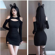 Korean Fashion Open Shoulder Long Sleeve Side Slit Bodycon Dress (Black)