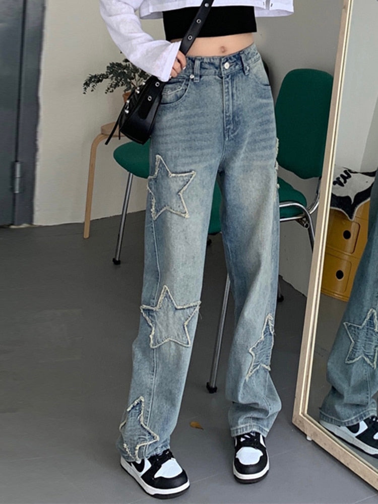 Y2K Star Patchwork Wide Leg High Waisted Jeans – The Kawaii Factory