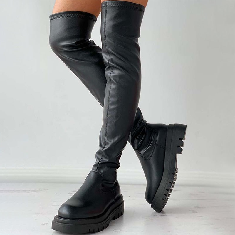 Korean Fashion Rubber Sole Overknee Faux Leather Boots – The