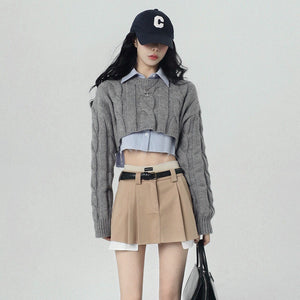 Korean Fashion Cropped Knit Sweater and Shirt Two Piece Set (Gray)