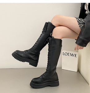 Harajuku Korean Fashion Knee High Laceup Combat Boots (Black)