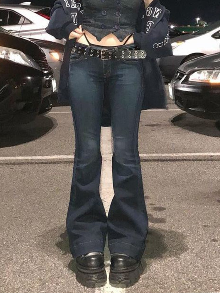 Y2K Aesthetic Vintage 90s Grunge Dark Blue Denim Low Rise Flared