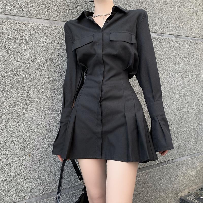 Aciaga - Square-Neck Plain Pleated A-Line Mini Dress | YesStyle