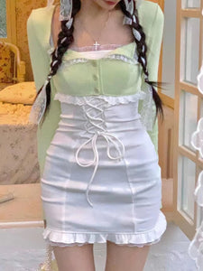 Kawaii Aesthetic Coquette Dollette Corset White Dress Light Green Cardigan Set