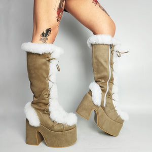brown fluffy white fur boots