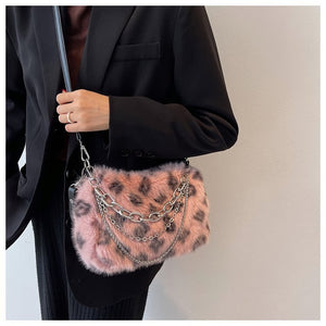 Korean Fashion Aesthetic Faux Fur Chain Shoulder Bag Pink
