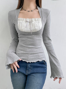 coquette aesthetic outfits womens gray milkmaid top with long sleeves