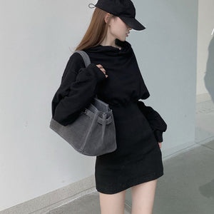 Harajuku Korean Fashion Cinched Waist Hoodie Dress Mini Dress (Black)