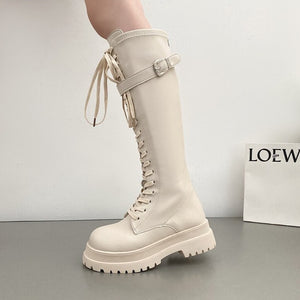 women's lace up knee high boots beige white