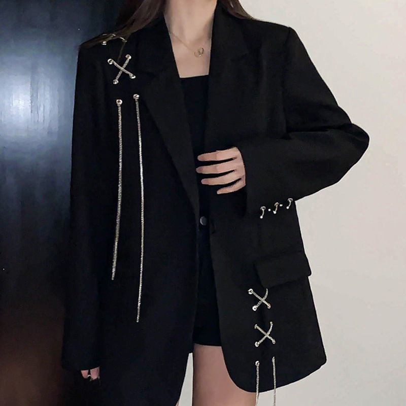 Harajuku Korean Fashion Street Fashion Oversized Black Blazer with Cha ...
