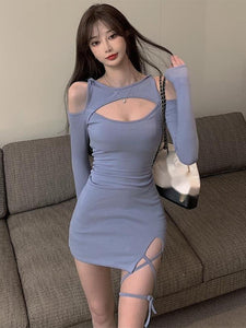 Korean Fashion Open Shoulder Long Sleeve Side Slit Bodycon Dress (Blue)